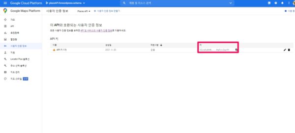 Credentials-사용자 인증 정보-페이지를 클릭-Google PlaceAPI키를 복사
